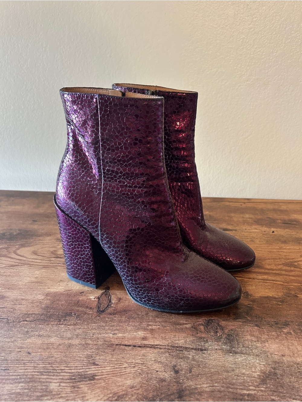 Dries Van Noten Women’s Metallic Burgundy Plum Ankle Boots size 37